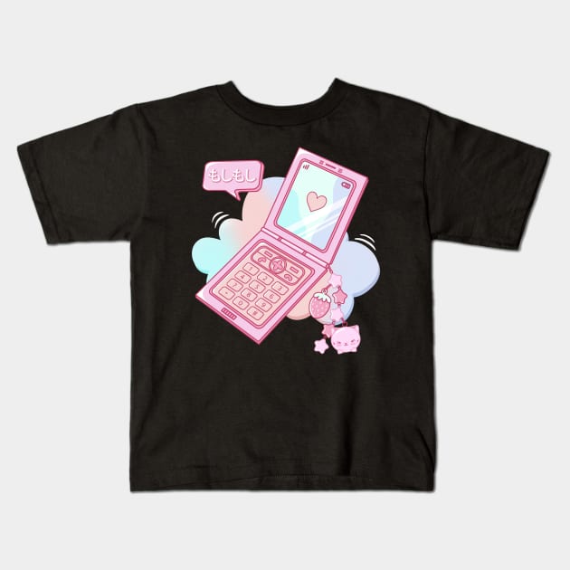 Retro 90s Japanese Kawaii Strawberry Keychain Y2K Flip Phone Kids T-Shirt by gogo-jr